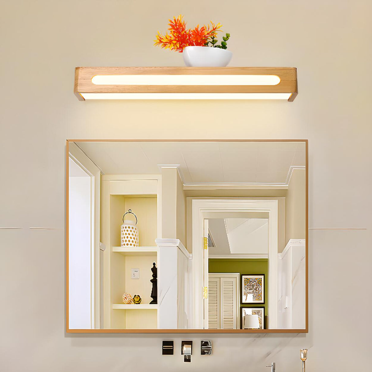 Modern Display Shelf Wooden Rectangle Vanity Light Image - 1