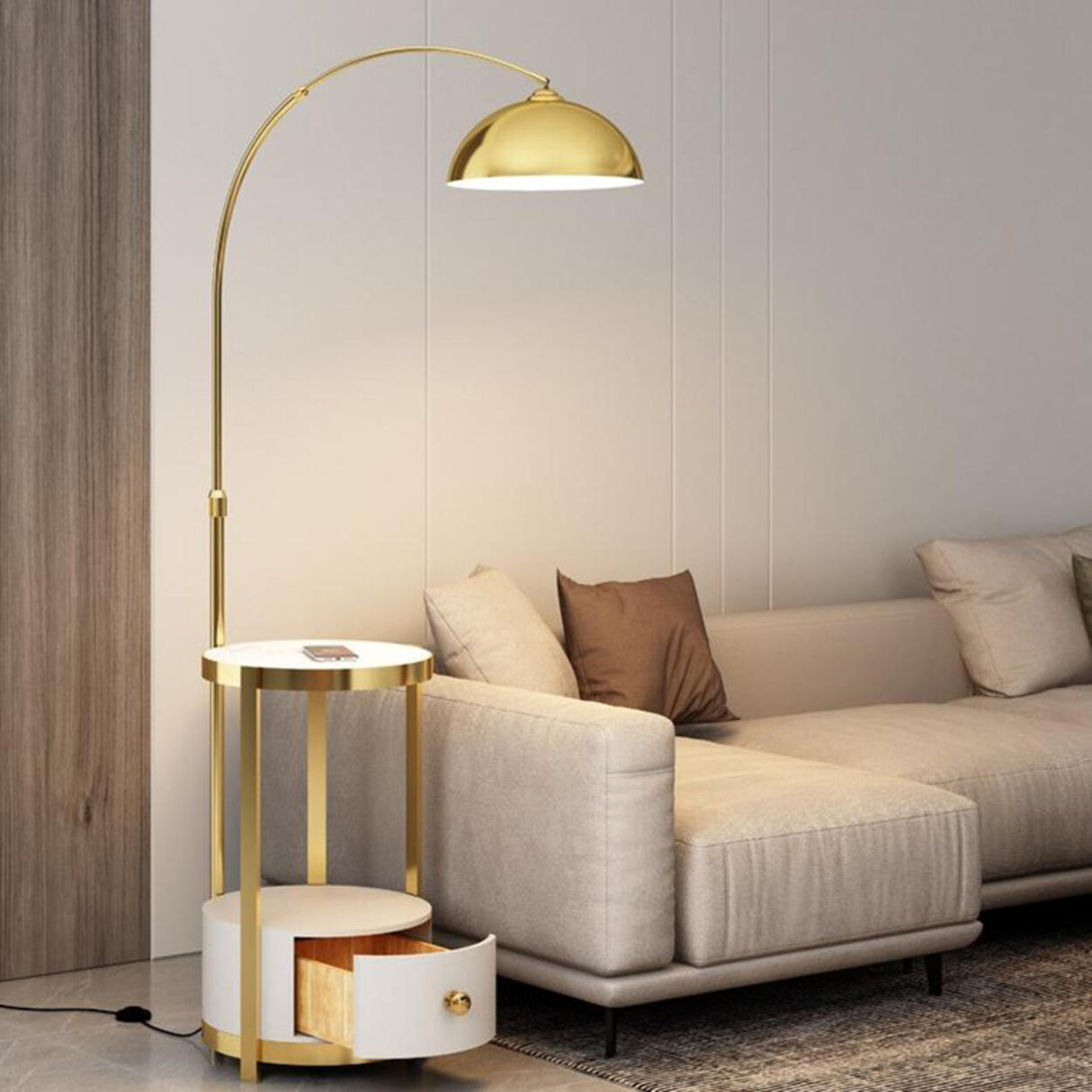 Modern Dome Black Arc Floor Lamp with Side Table Image - 2