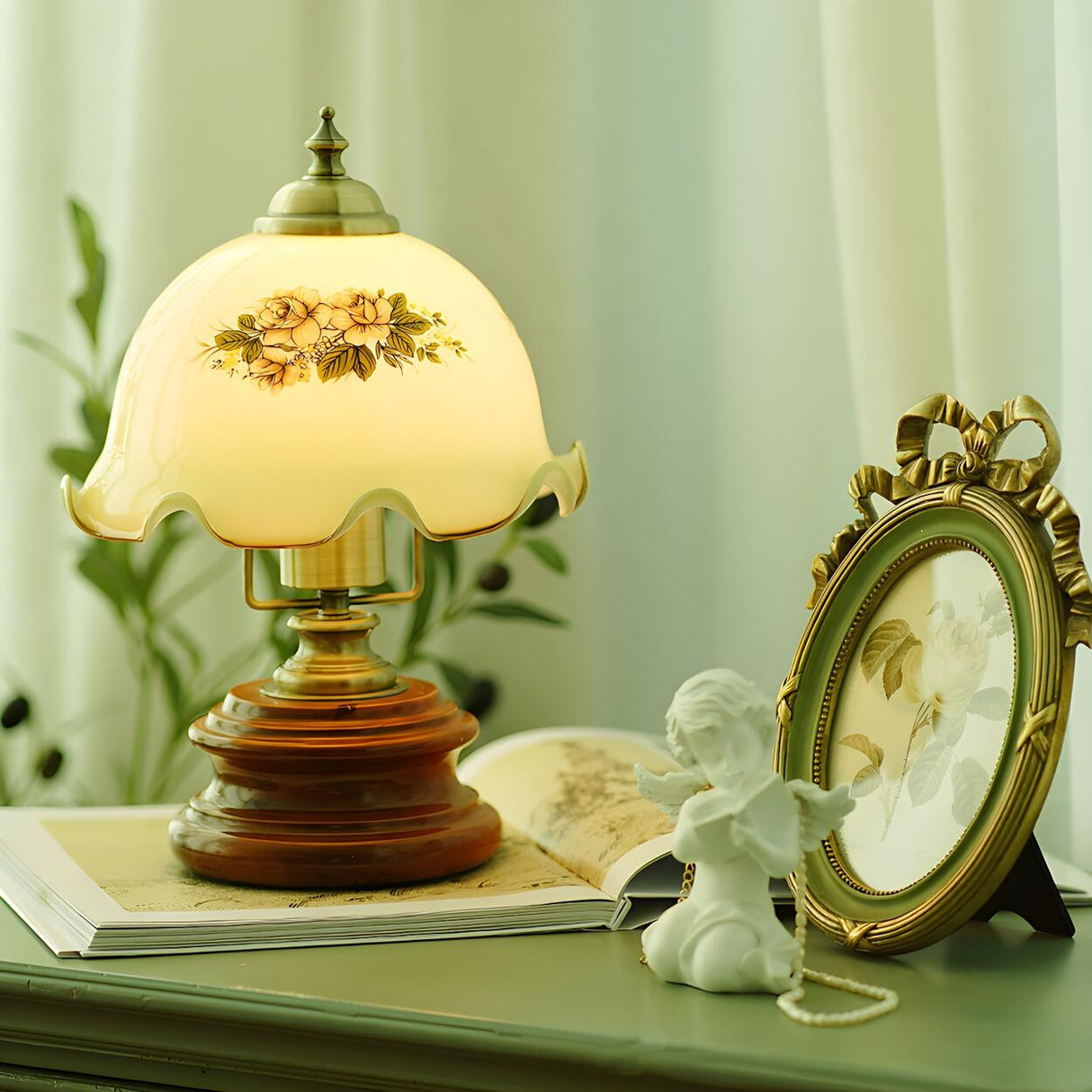 Modern Dome Flower Shade Metal Base Bedroom Table Lamp Image - 3