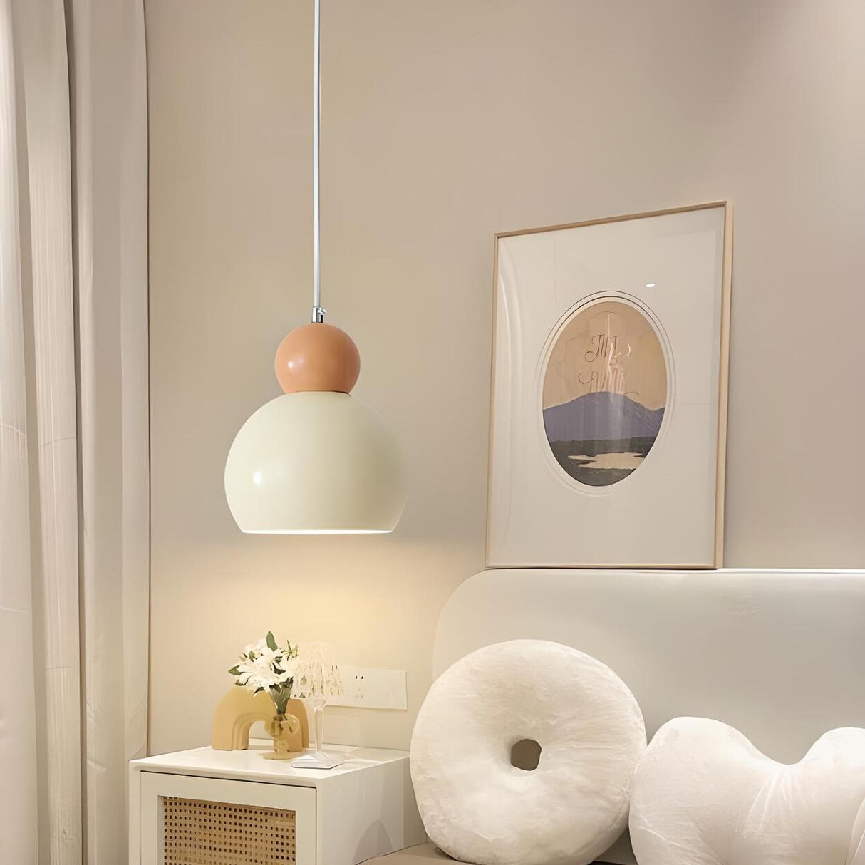 Modern Dome Minimalist Beige Bedroom Pendant Light Image - 1