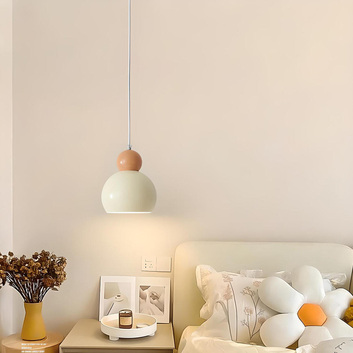 Modern Dome Minimalist Beige Bedroom Pendant Light Image - 2