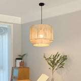 Modern Double Layer Cylinder Woven Rattan Pendant Light Image - 1