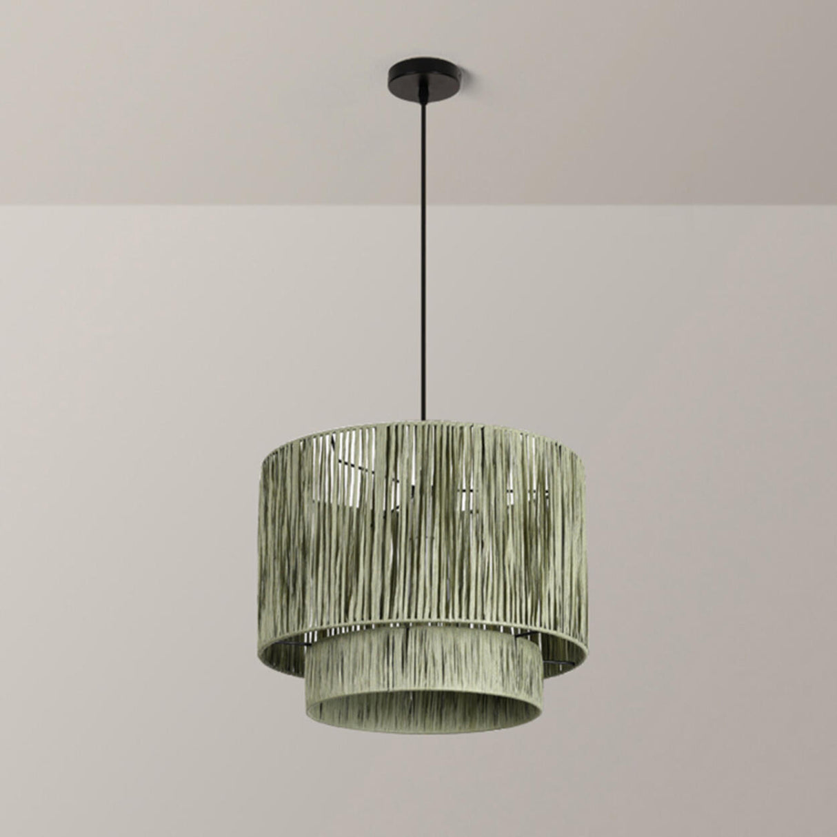 Modern Double Layer Cylinder Woven Rattan Pendant Light Image - 10