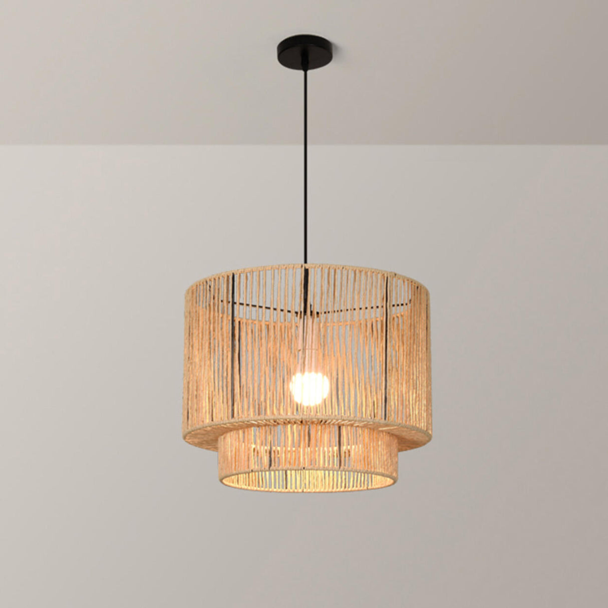 Modern Double Layer Cylinder Woven Rattan Pendant Light Image - 11