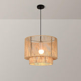 Modern Double Layer Cylinder Woven Rattan Pendant Light Image - 11