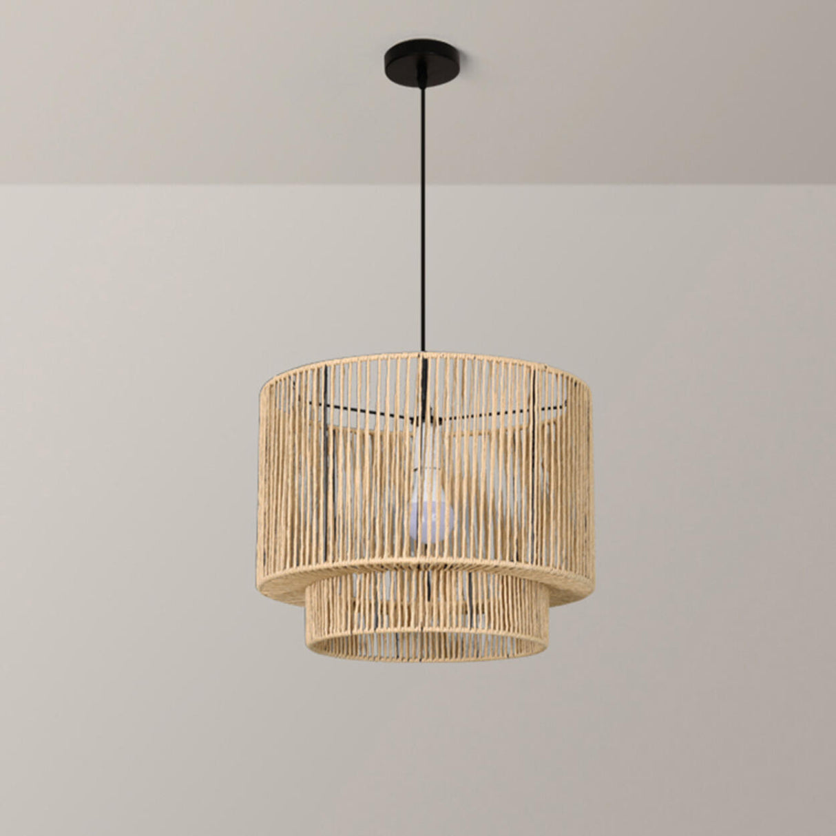 Modern Double Layer Cylinder Woven Rattan Pendant Light Image - 12