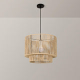 Modern Double Layer Cylinder Woven Rattan Pendant Light Image - 12