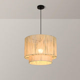 Modern Double Layer Cylinder Woven Rattan Pendant Light Image - 13