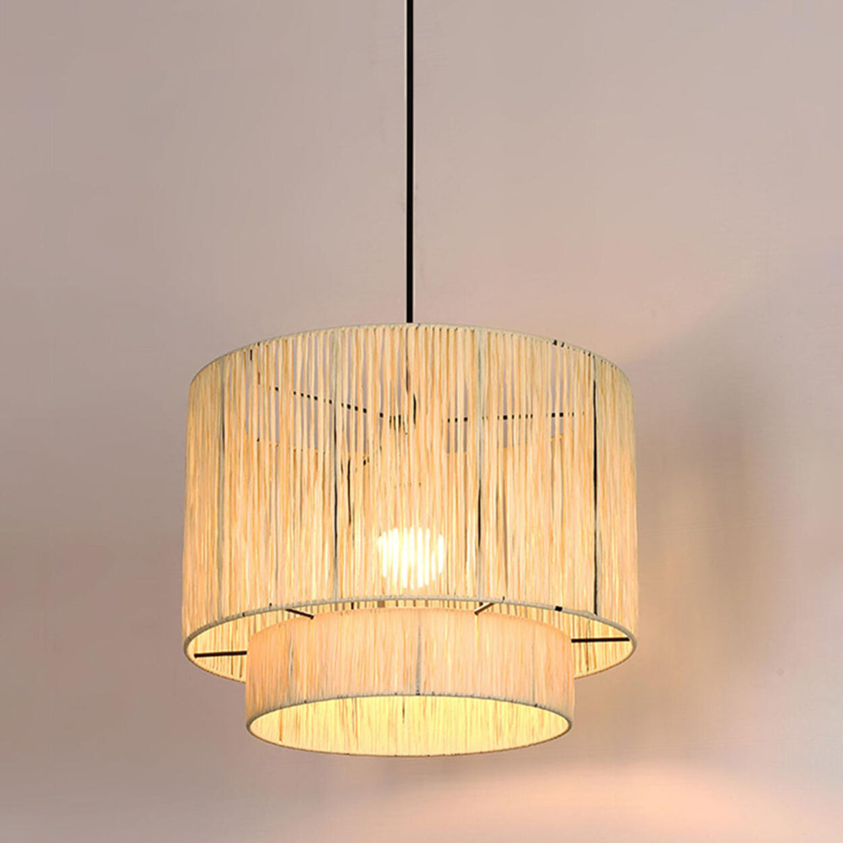 Modern Double Layer Cylinder Woven Rattan Pendant Light Image - 15