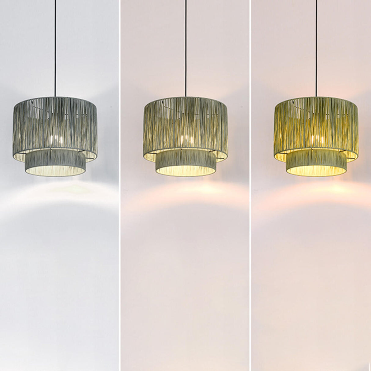 Modern Double Layer Cylinder Woven Rattan Pendant Light Image - 16