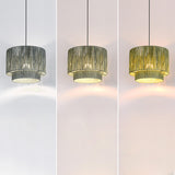 Modern Double Layer Cylinder Woven Rattan Pendant Light Image - 16