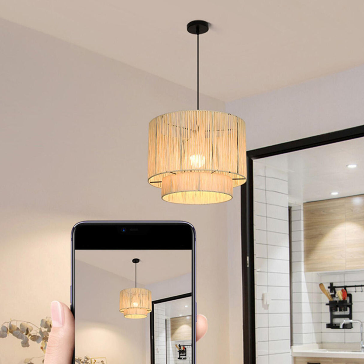 Modern Double Layer Cylinder Woven Rattan Pendant Light Image - 19