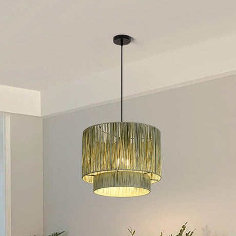 Modern Double Layer Cylinder Woven Rattan Pendant Light Image - 2