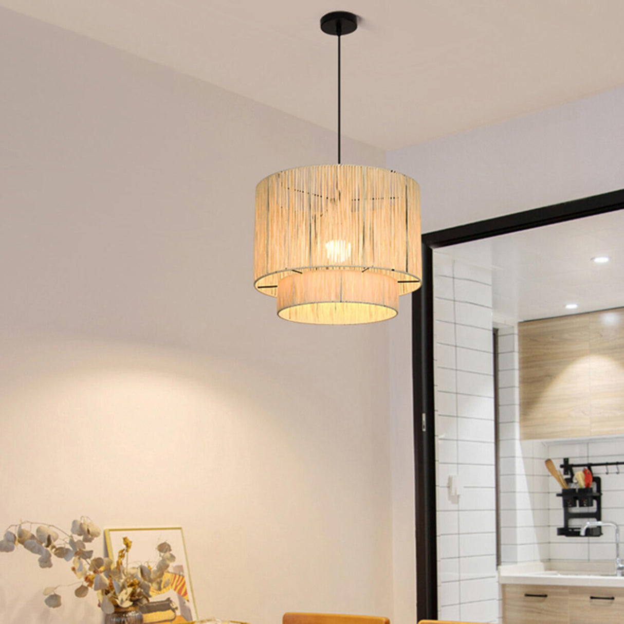 Modern Double Layer Cylinder Woven Rattan Pendant Light Image - 20