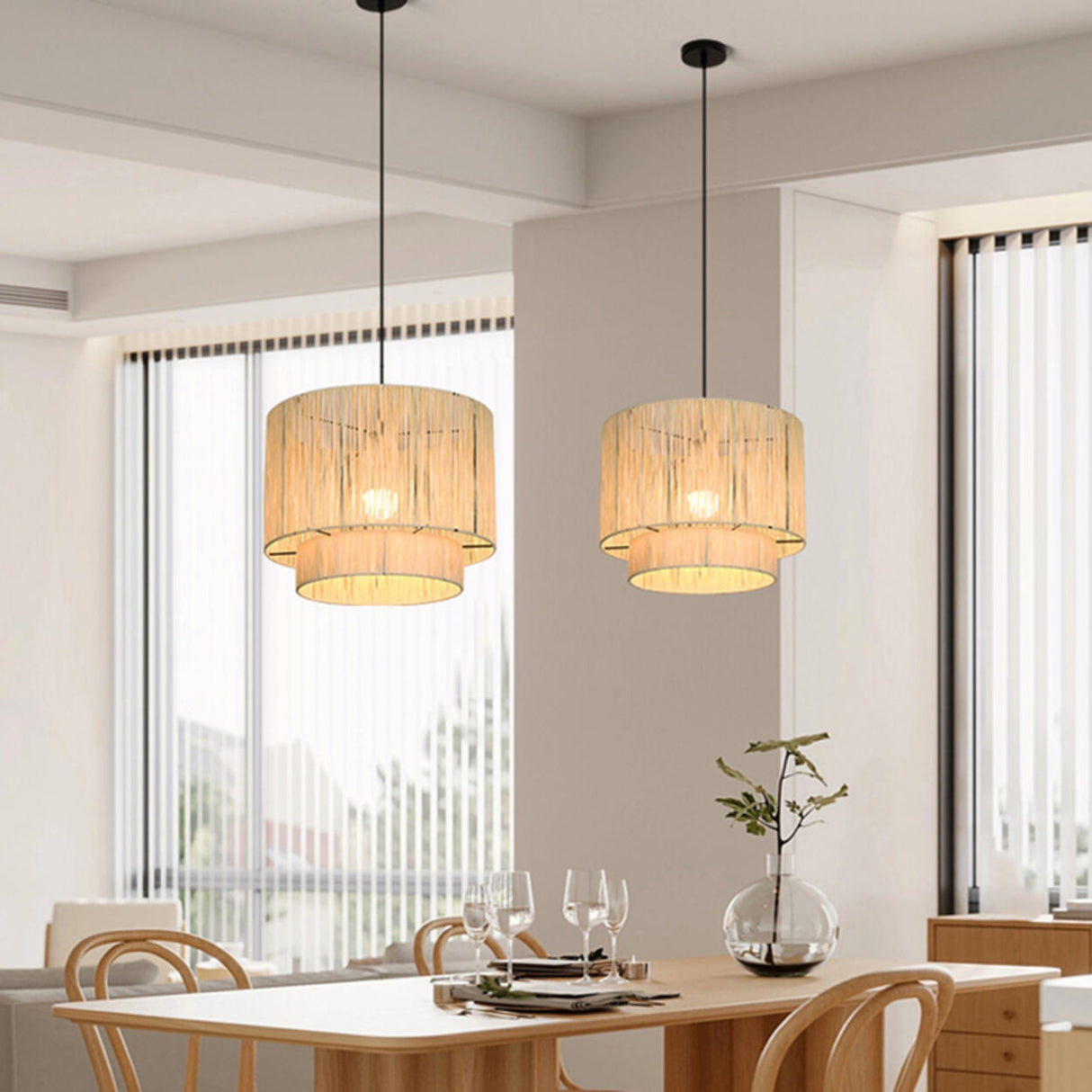 Modern Double Layer Cylinder Woven Rattan Pendant Light Image - 4