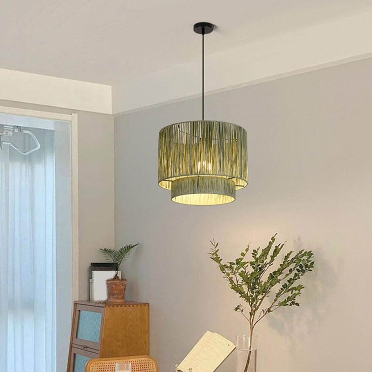 Modern Double Layer Cylinder Woven Rattan Pendant Light Image - 6