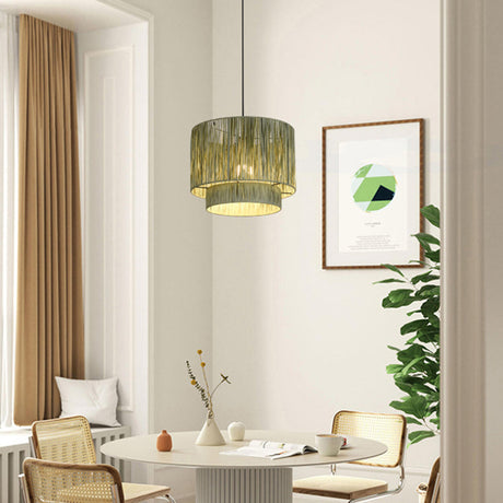 Modern Double Layer Cylinder Woven Rattan Pendant Light Image - 7