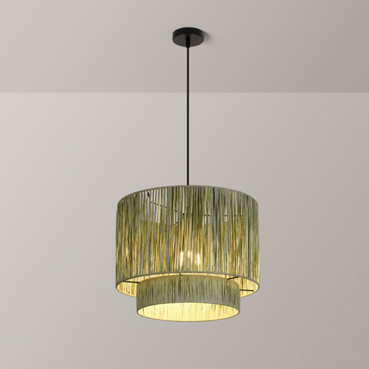 Modern Double Layer Cylinder Woven Rattan Pendant Light Image - 9