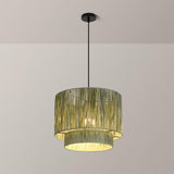 Modern Double Layer Cylinder Woven Rattan Pendant Light Image - 9