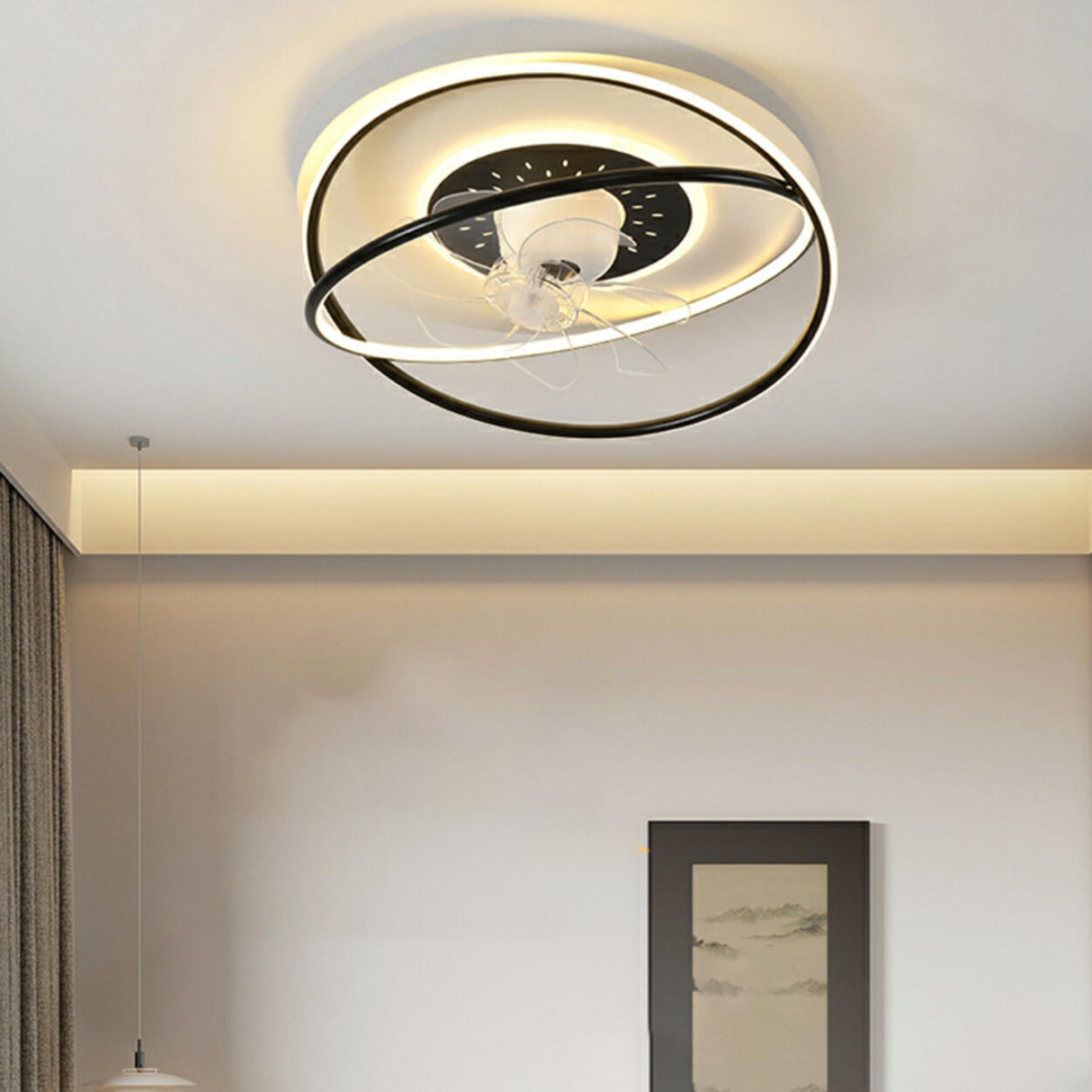 Modern Double Ring 7 Clear Blades LED Ceiling Fan Light Image - 2