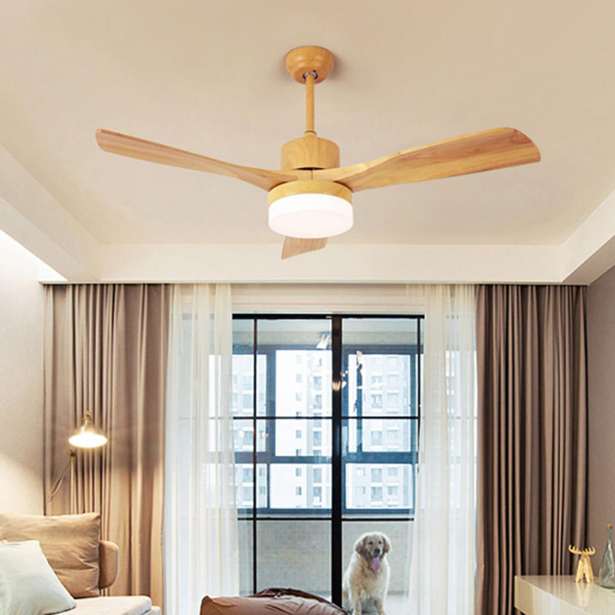 Modern Down Rod Wooden 3 Blade LED Ceiling Fan Light Image - 13