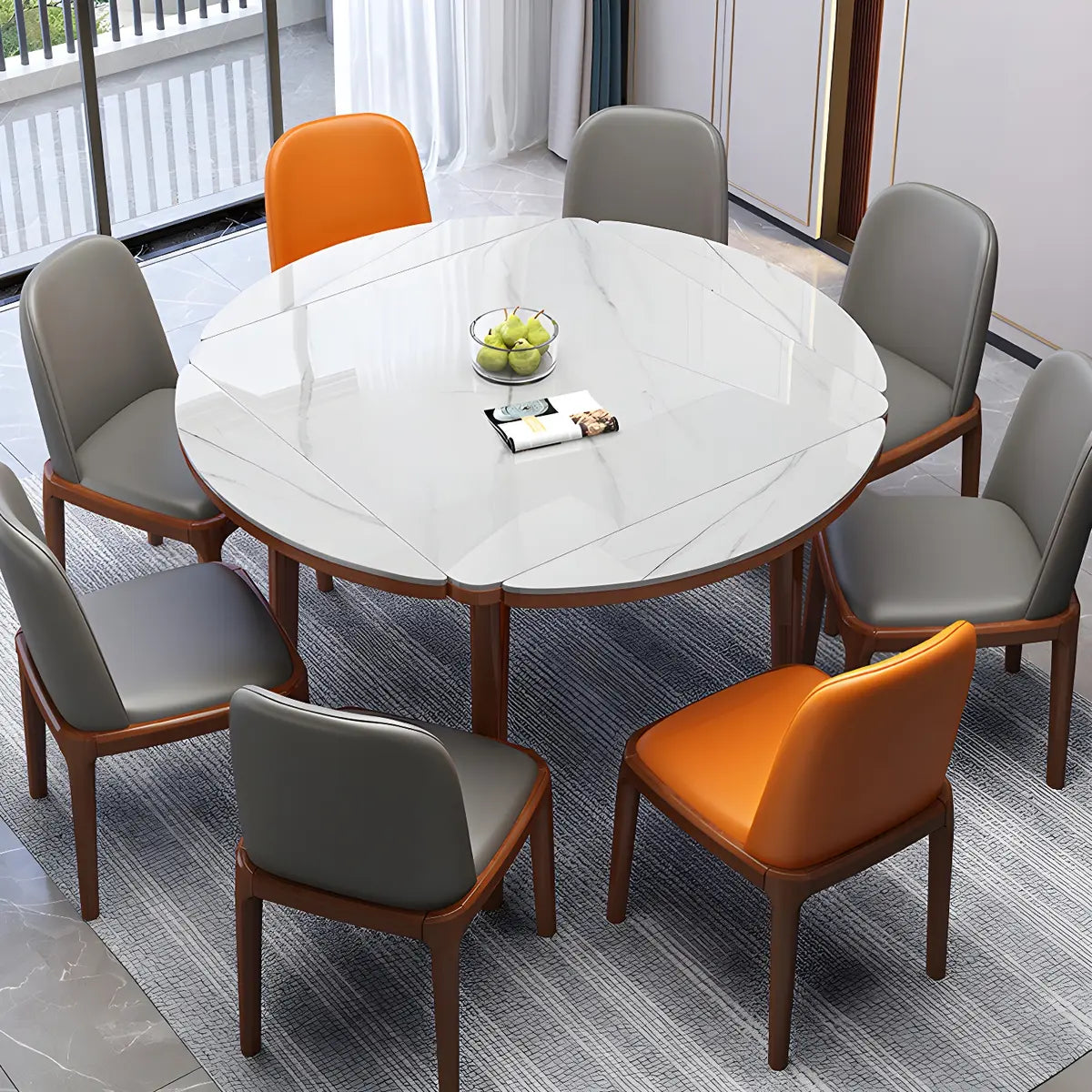 Modern Drop-Leaf Extendable Stone Round Dining Table Image - 1