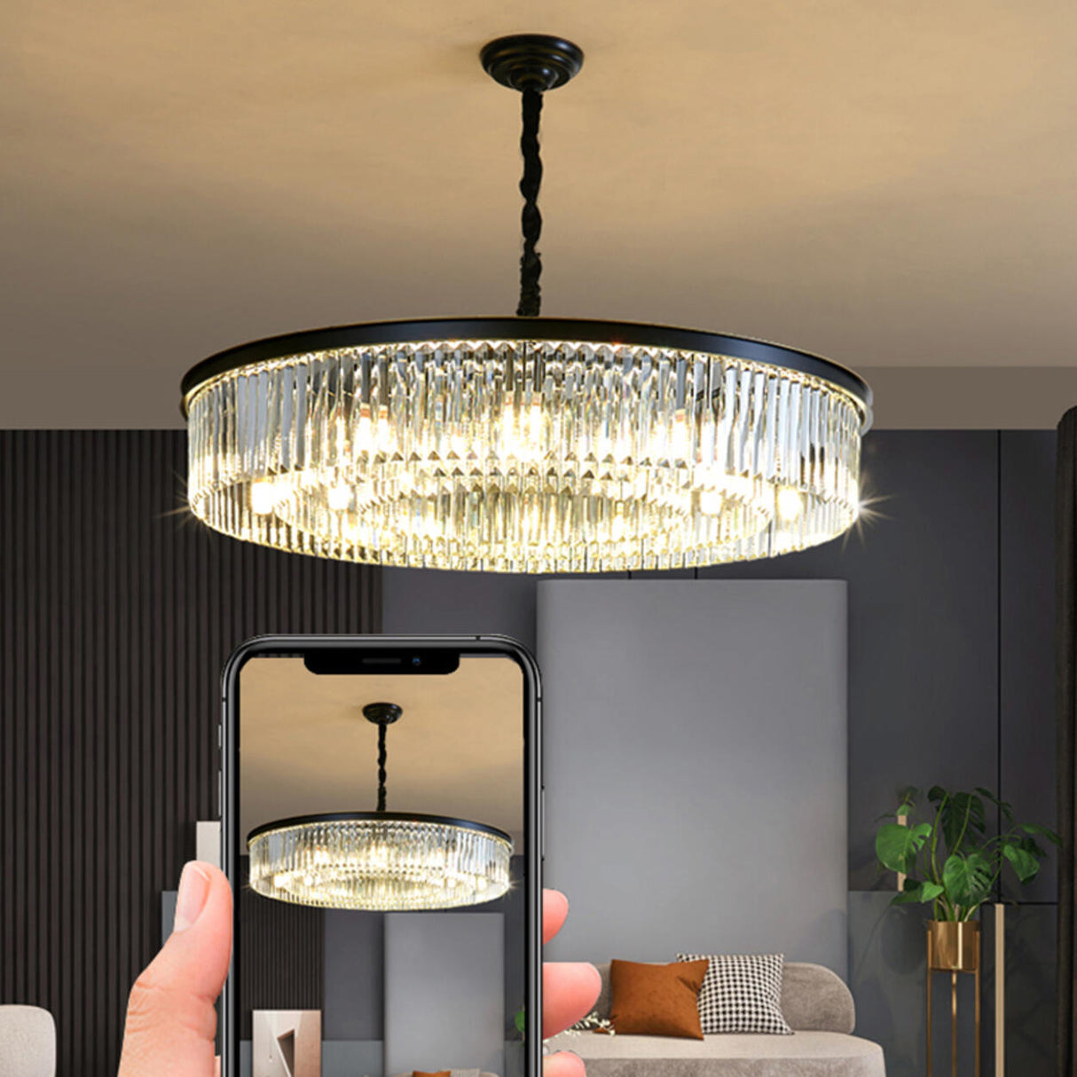 Modern Drum Adjustable Height Crystal Chandelier Image - 11