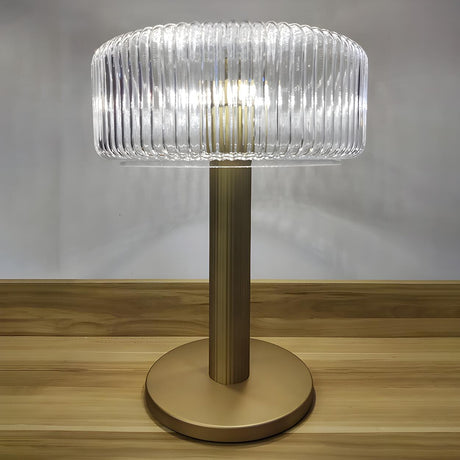 Modern Drum Clear Ribbed Glass Shade Brass Table Lamp Image - 1