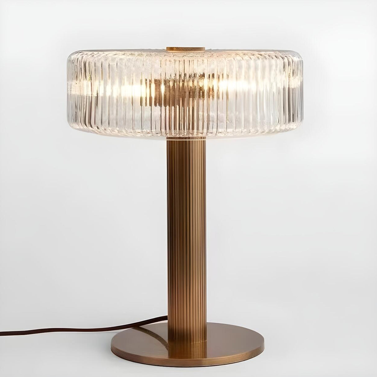 Modern Drum Clear Ribbed Glass Shade Brass Table Lamp Image - 2