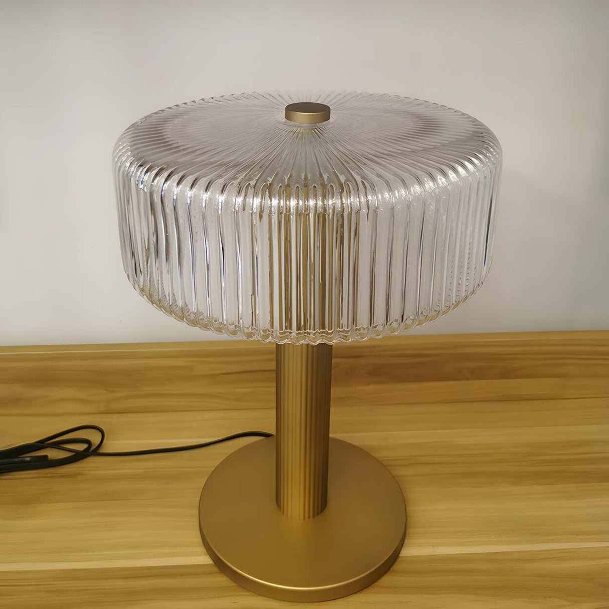 Modern Drum Clear Ribbed Glass Shade Brass Table Lamp Image - 4