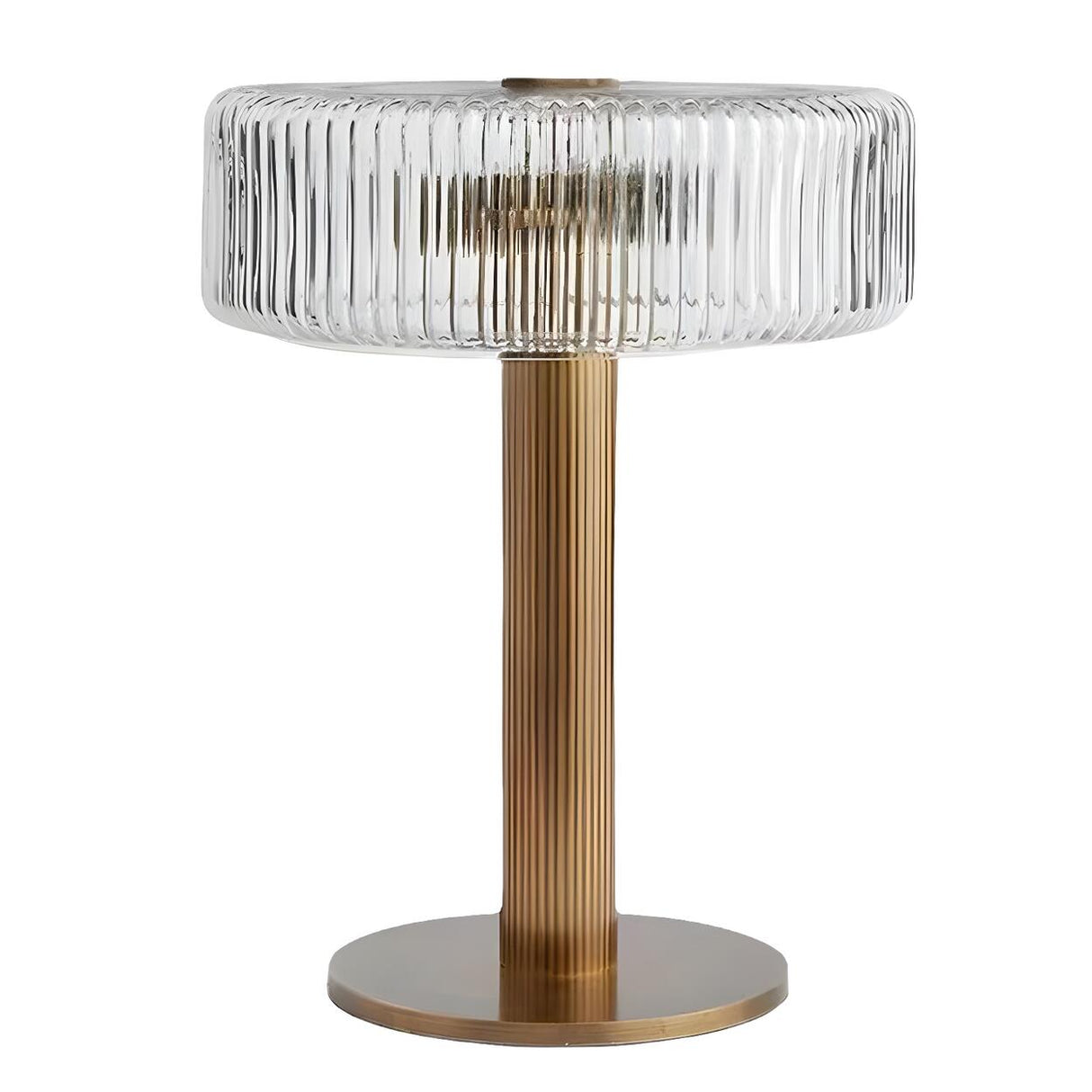 Modern Drum Clear Ribbed Glass Shade Brass Table Lamp Image - 5