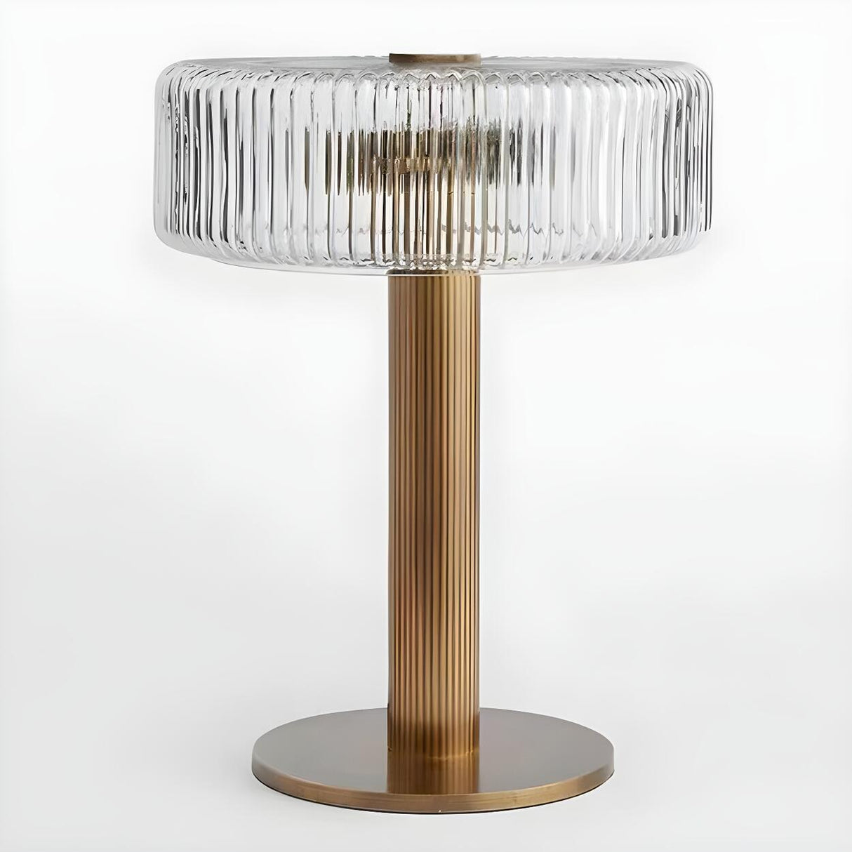 Modern Drum Clear Ribbed Glass Shade Brass Table Lamp Image - 6