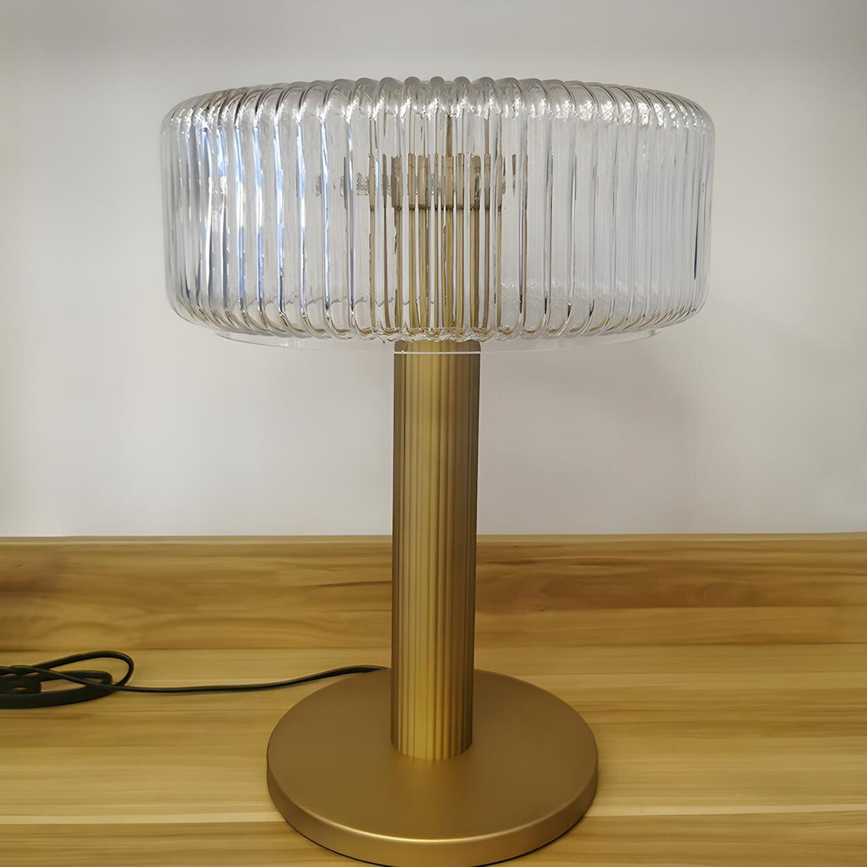 Modern Drum Clear Ribbed Glass Shade Brass Table Lamp Image - 9