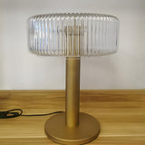 Modern Drum Clear Ribbed Glass Shade Brass Table Lamp Image - 9