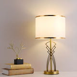 Modern Drum Fabric Shade Art Metal Base Table Lamp Image - 3