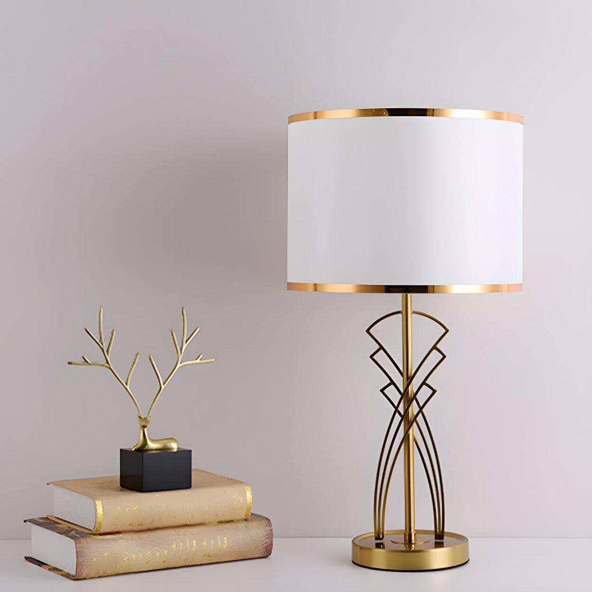 Modern Drum Fabric Shade Art Metal Base Table Lamp Image - 4