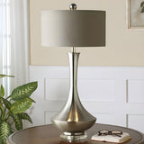 Modern Drum Fabric Shade Metal Vase Base Table Lamp Image - 10