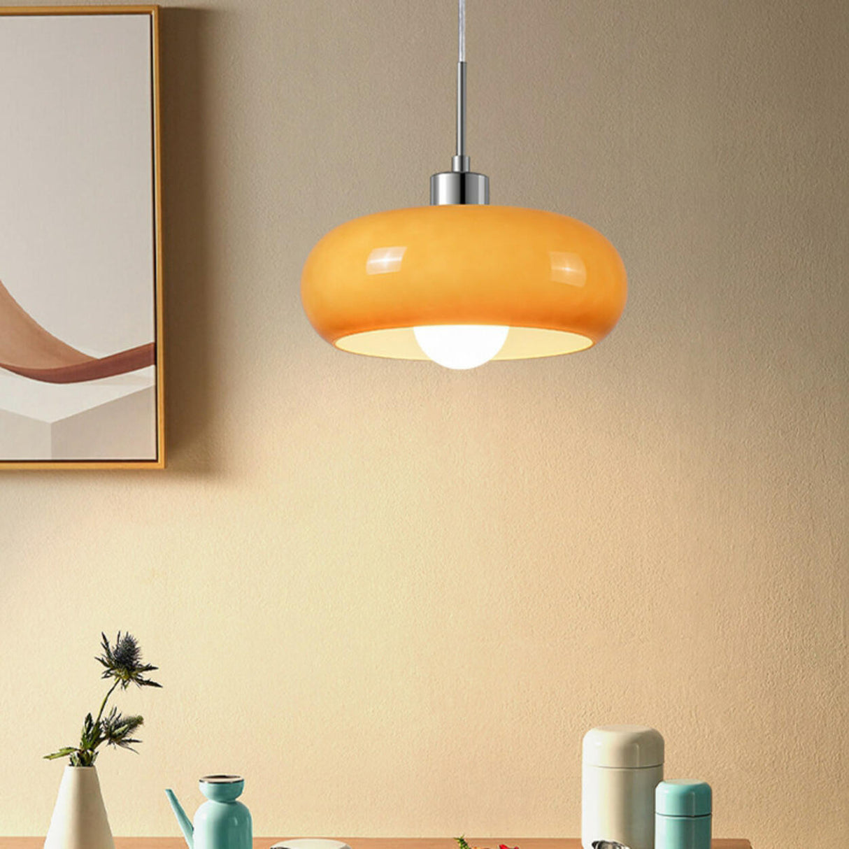 Modern Drum Glass Pendant Light Adjustable Hanging Length Image - 1