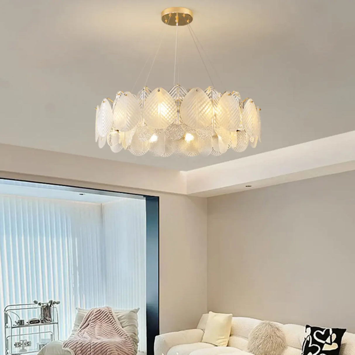 Modern Drum Leaf Clear Glass Chandelier Adjustable Height Image - 2