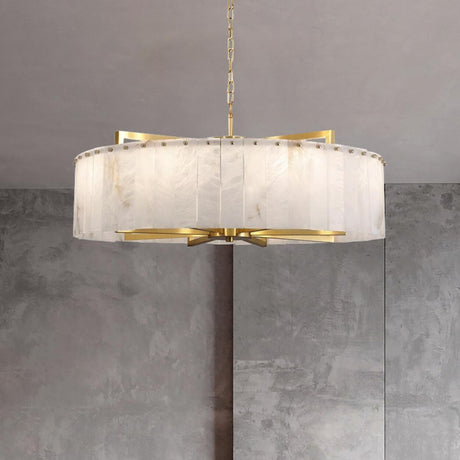 Modern Drum Marble Stone Chandelier Adjustable Chain Image - 2