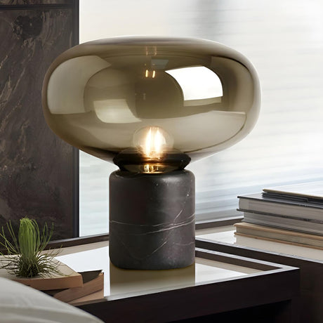 Modern Drum-Shaped Glass Shade Marble Base Table Lamp Image - 2