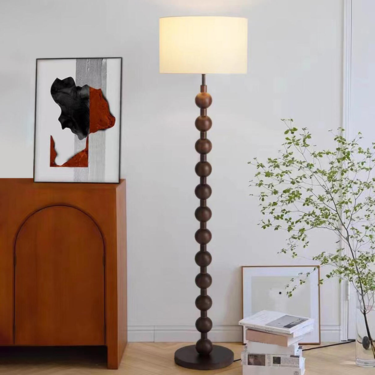 Modern Drum Wooden Spherical Column Floor Lamp Image - 1