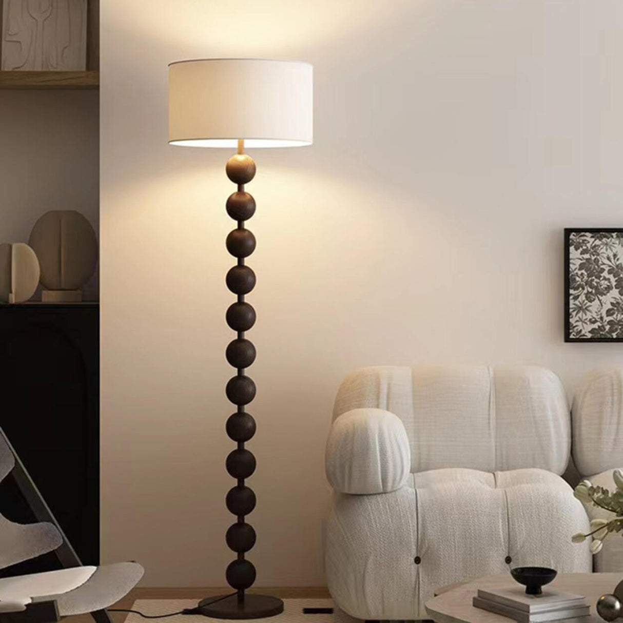 Modern Drum Wooden Spherical Column Floor Lamp Image - 11