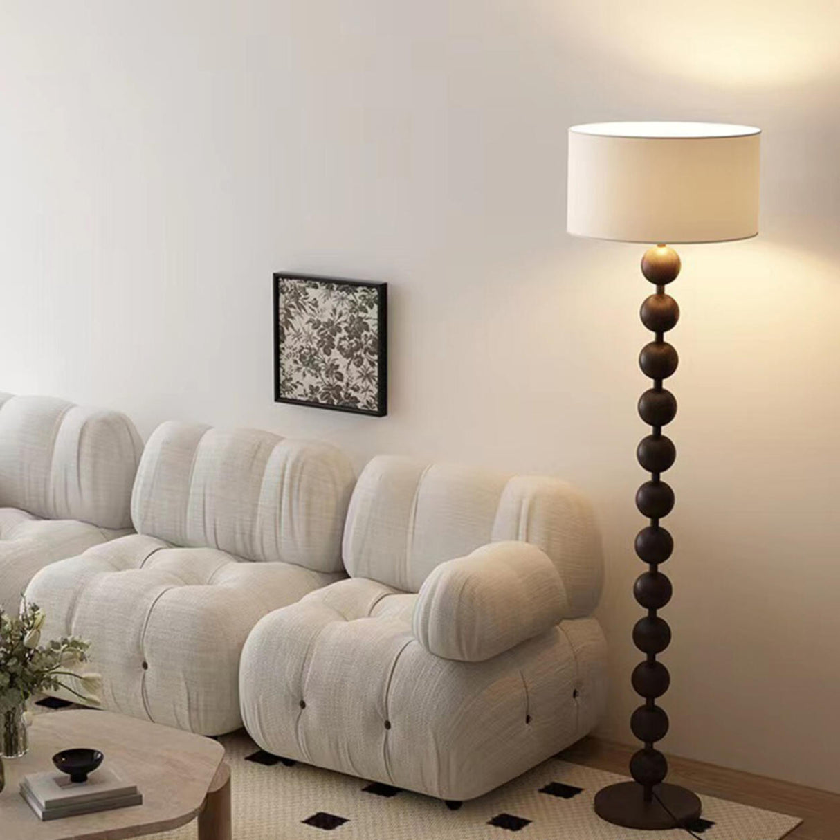 Modern Drum Wooden Spherical Column Floor Lamp Image - 12