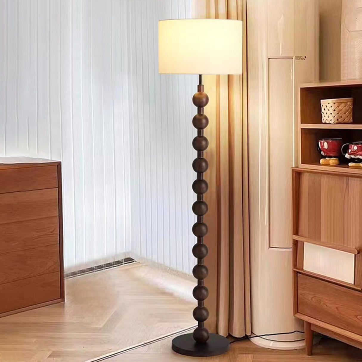 Modern Drum Wooden Spherical Column Floor Lamp Image - 2