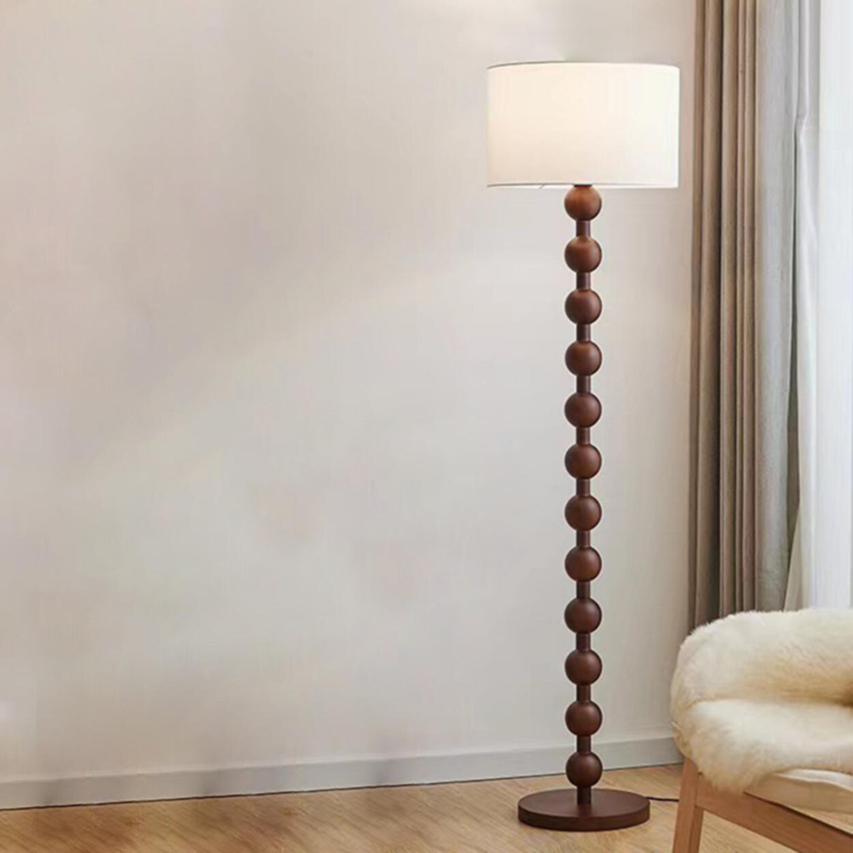 Modern Drum Wooden Spherical Column Floor Lamp Image - 4