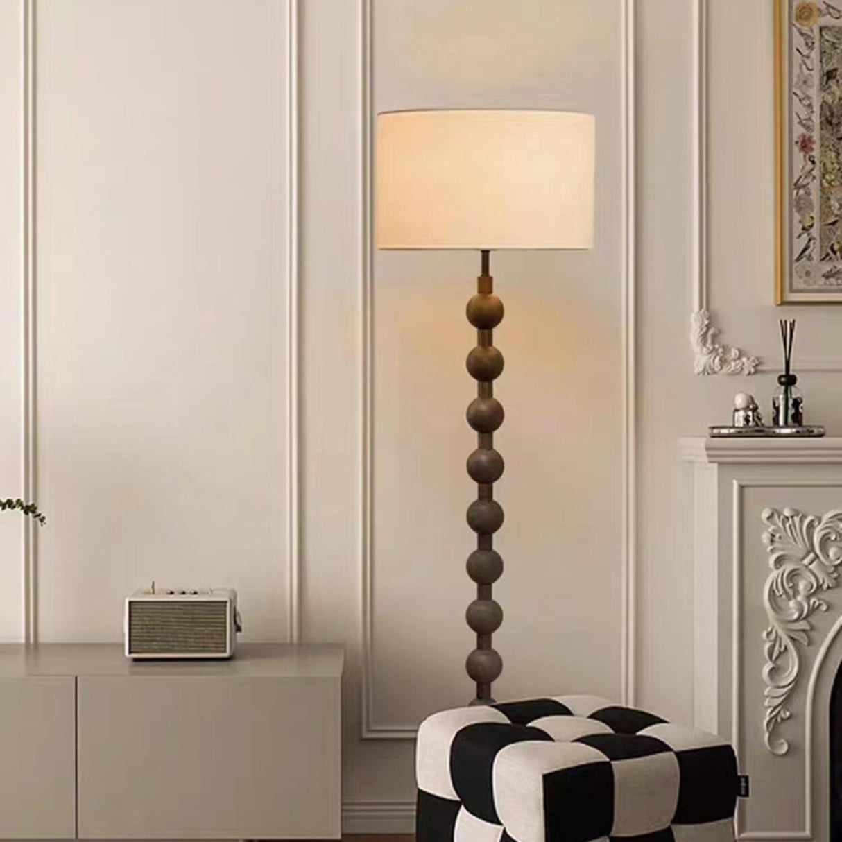 Modern Drum Wooden Spherical Column Floor Lamp Image - 9