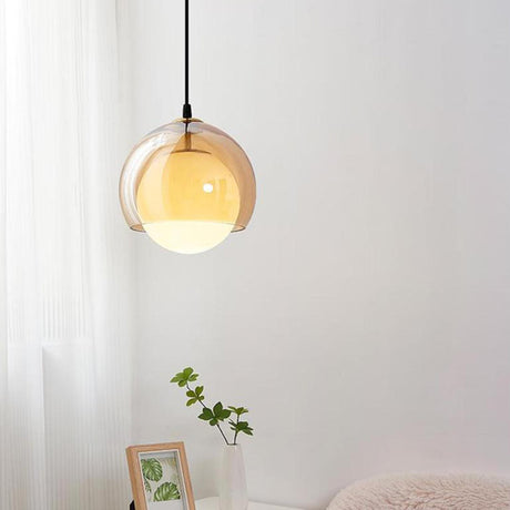 Modern Dual Layer Amber Glass Globe Pendant Light Image - 1