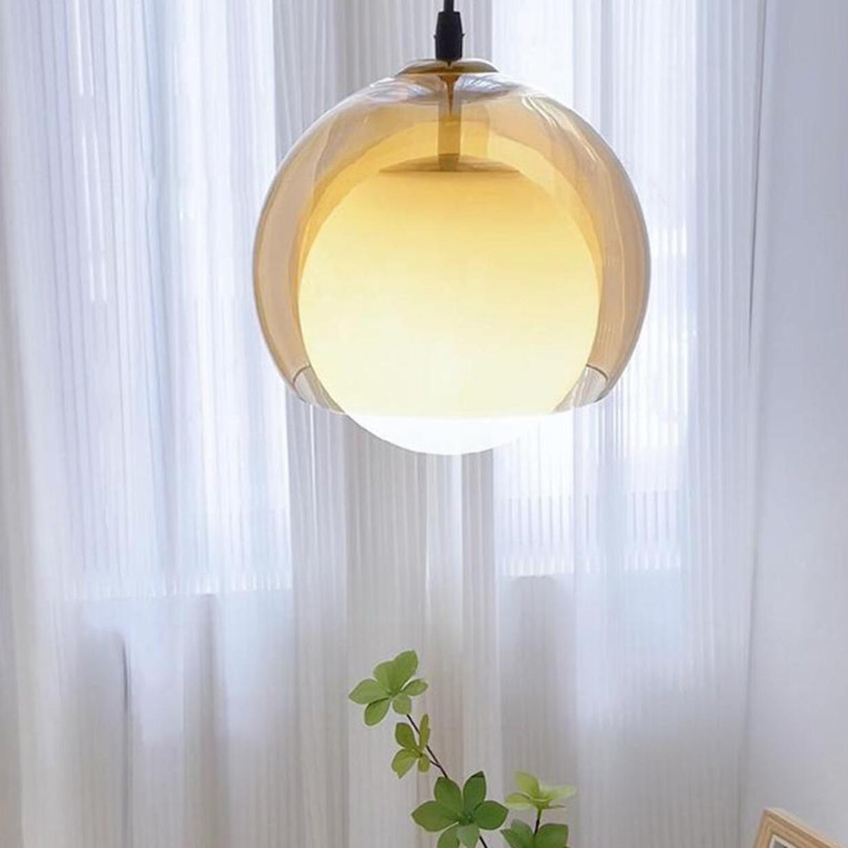 Modern Dual Layer Amber Glass Globe Pendant Light Image - 4