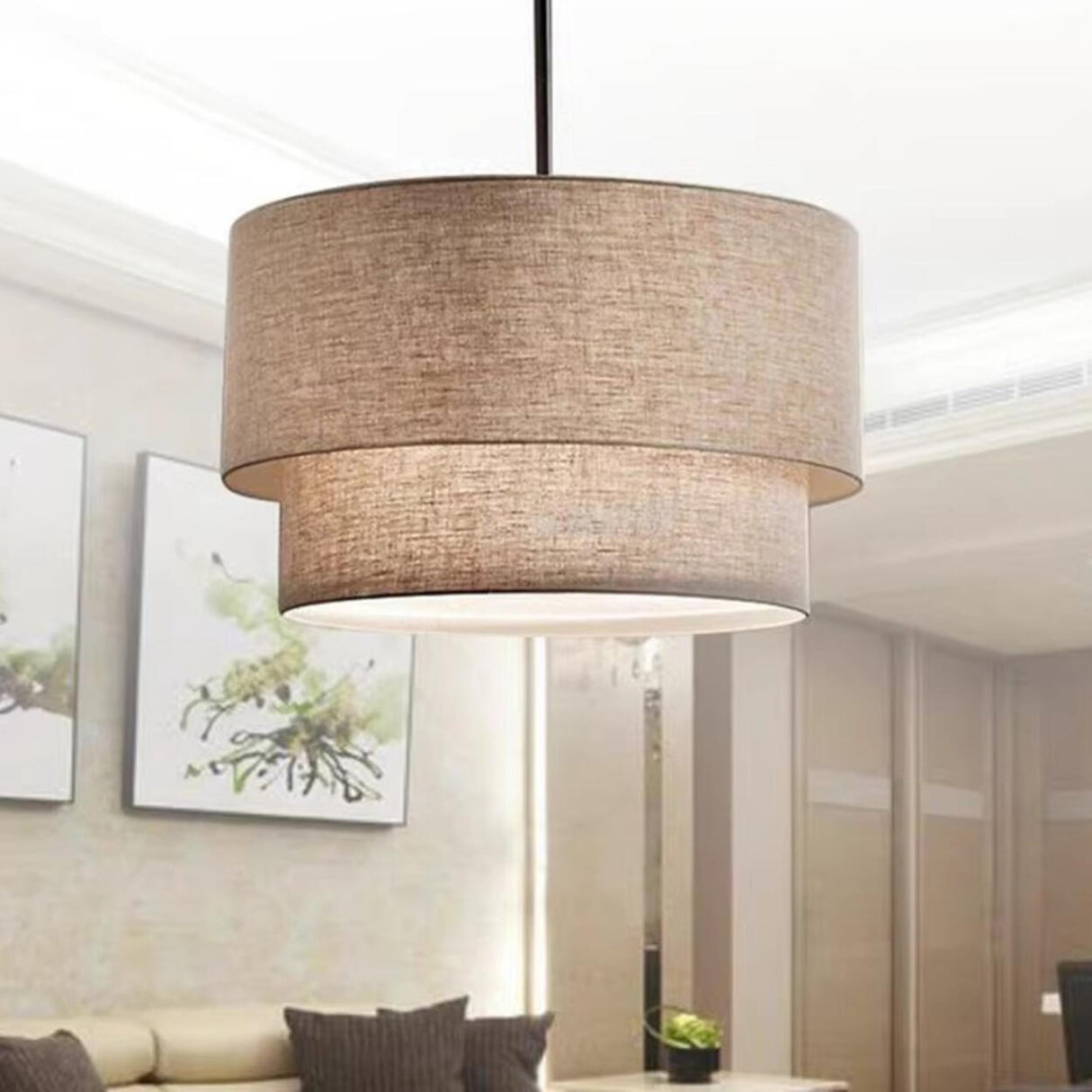 Modern Dual-Layer Fabric Drum Pendant Light Chandelier Image - 4